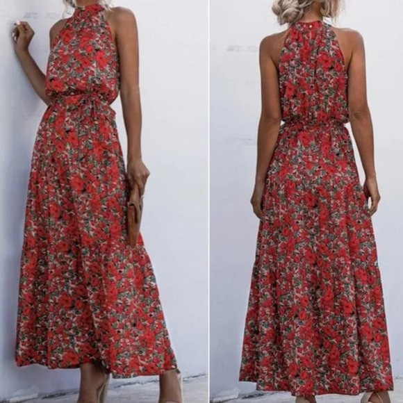 . Dresses & Skirts - Boho Vibes Floral Print Ruffle Hem Belted Halter Dress red